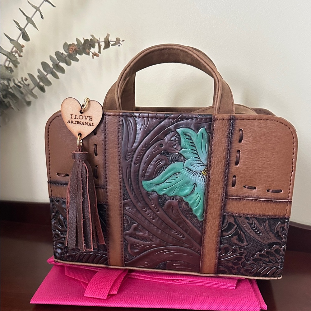 Artisan Floral Embossed Brown and Green. Genuine leather made in Mexico
